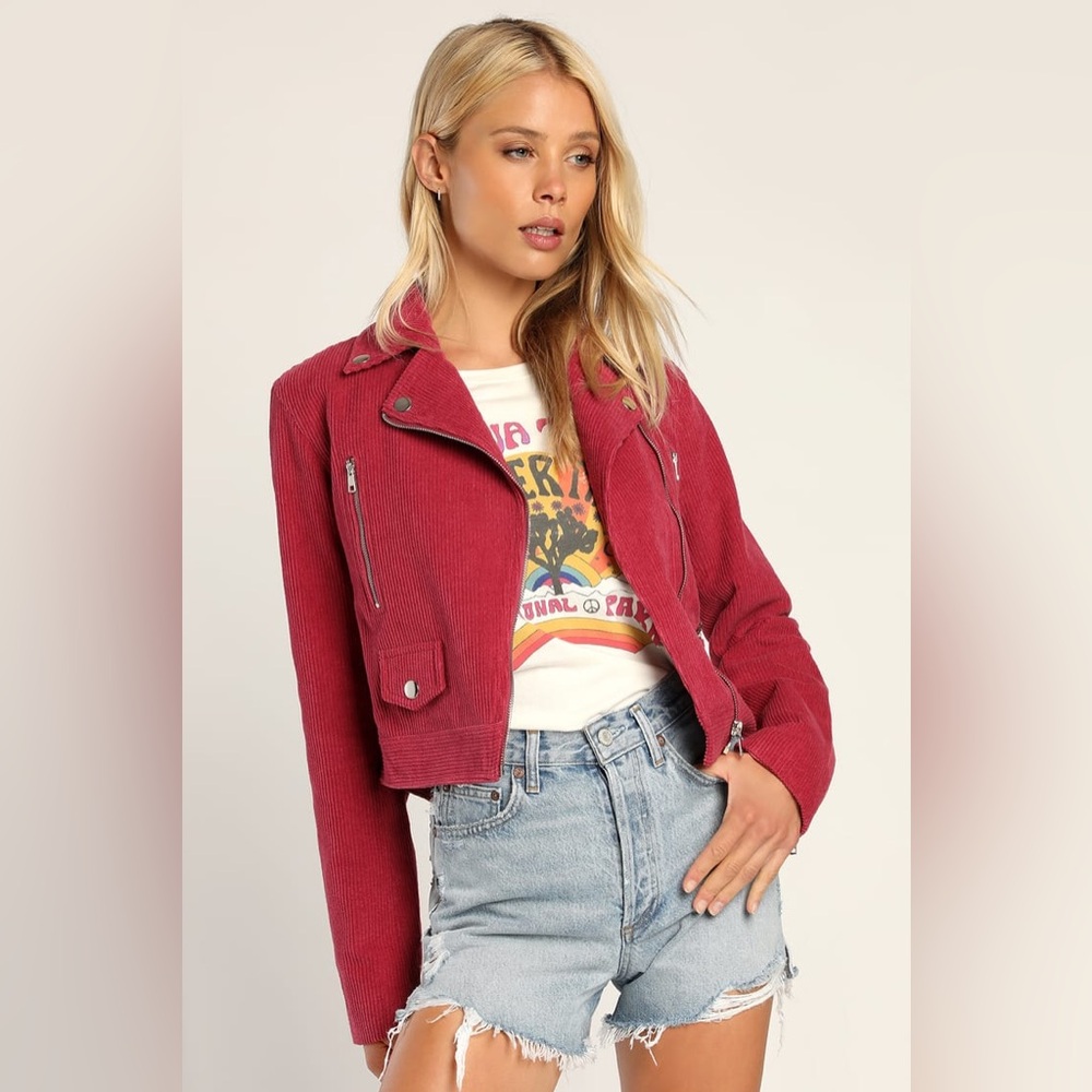 Lulus Haight Street Hottie Berry Pink Corduroy Moto Jacket, size XL